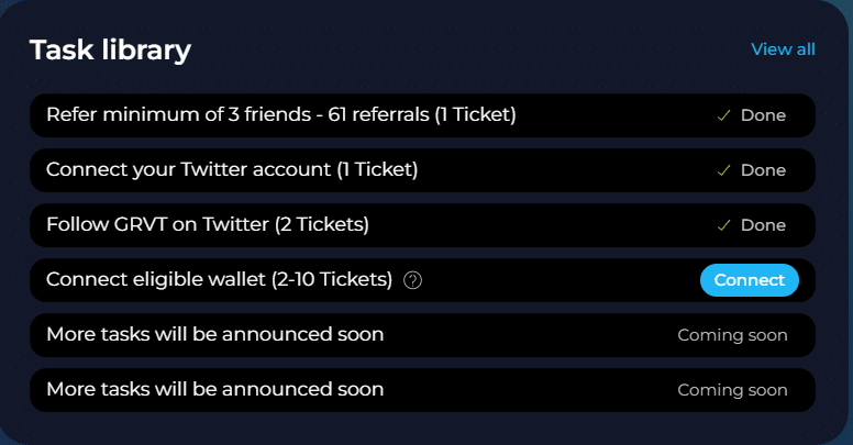 GRVT Confirmed Airdrop - Connect eligible wallet Task - Coinatory