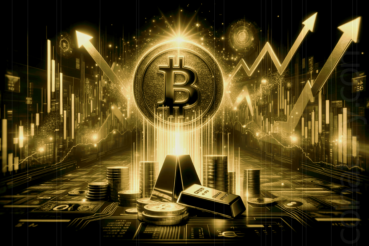 Bitcoin growth concept with rising graphs and glowing symbols.