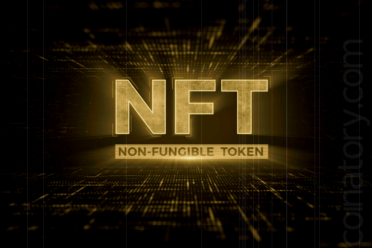 Digital NFT concept with glowing golden letters.