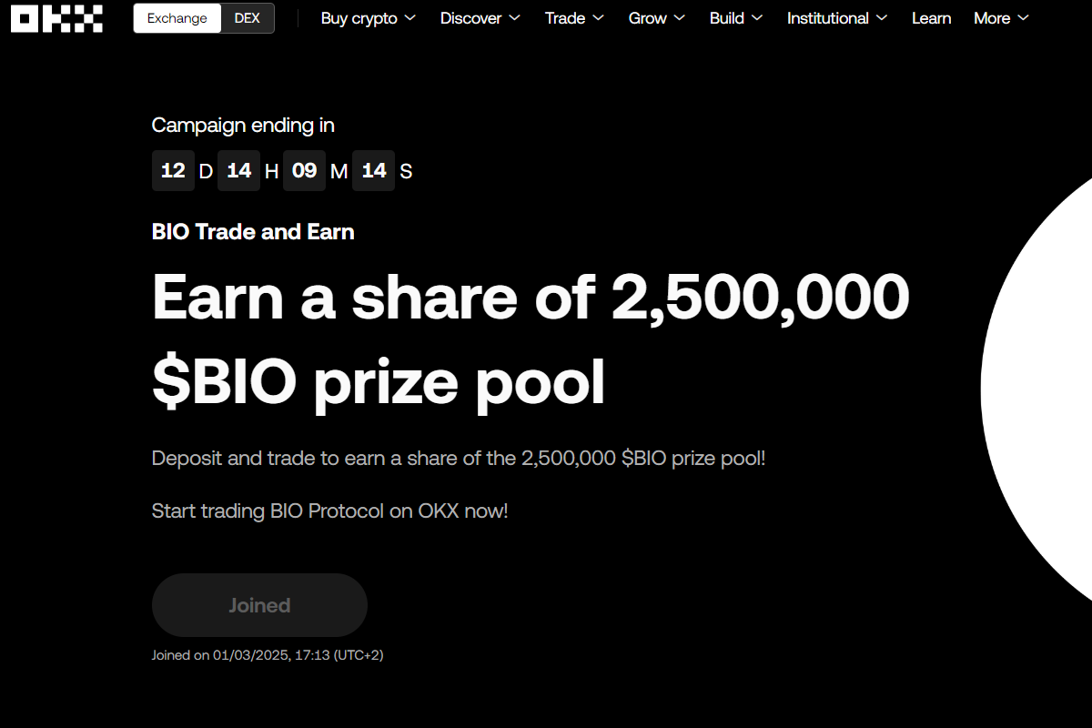 OKX cryptocurrency platform promoting $BIO prize pool campaign.