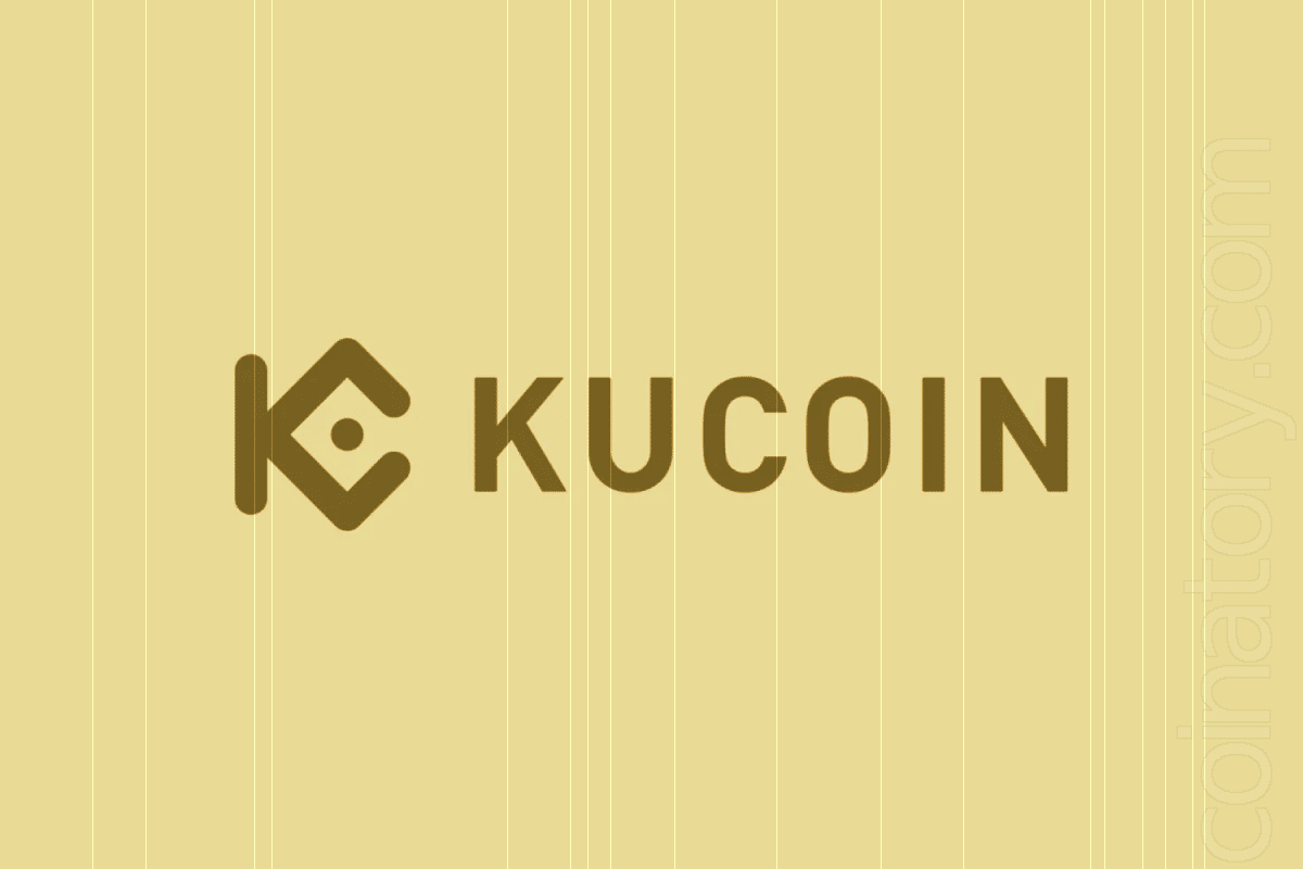 KuCoin logo on a yellow striped background.