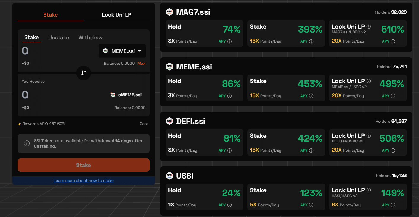 Cryptocurrency staking interface with performance metrics and options.