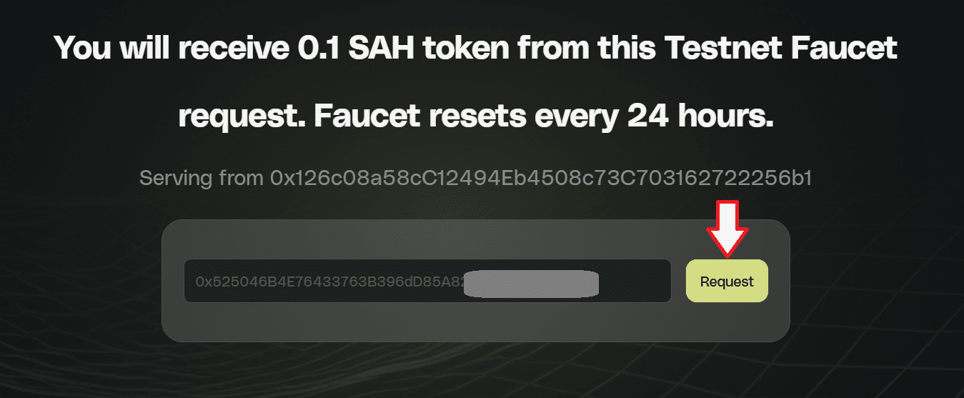 Request button for SAH token faucet on website.