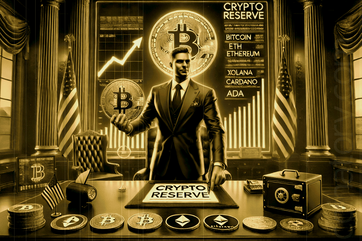 Man in office with Bitcoin and various cryptocurrencies.