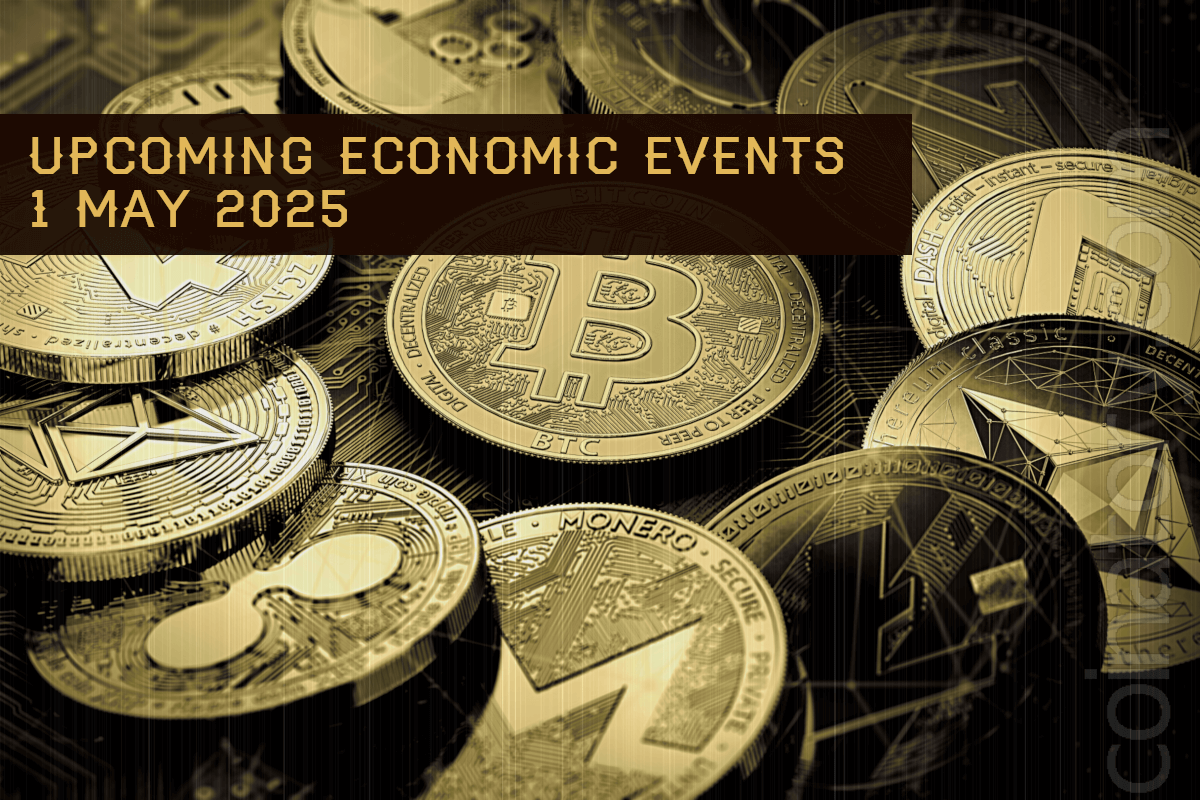 Cryptocurrency coins with "Upcoming Economic Events" text overlay.