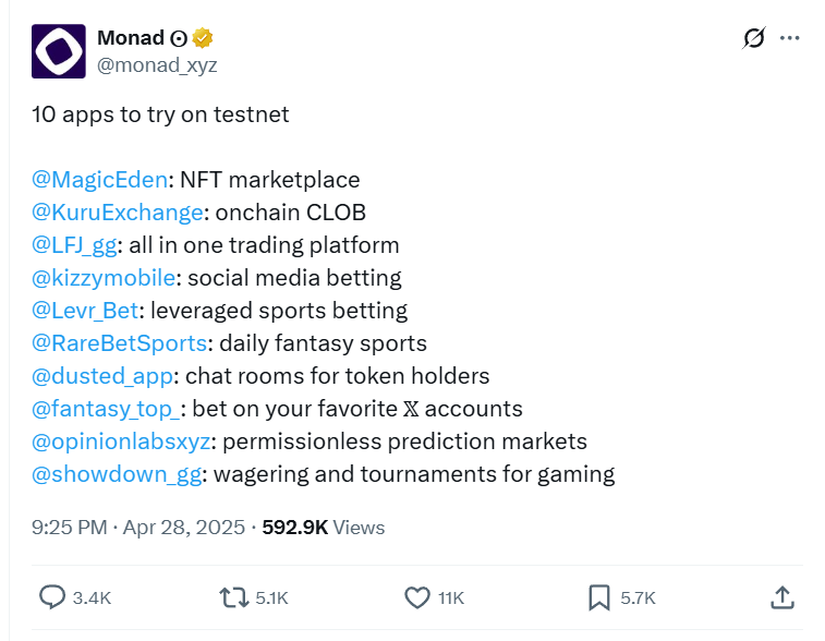 Tweet listing 10 innovative apps available on testnet.